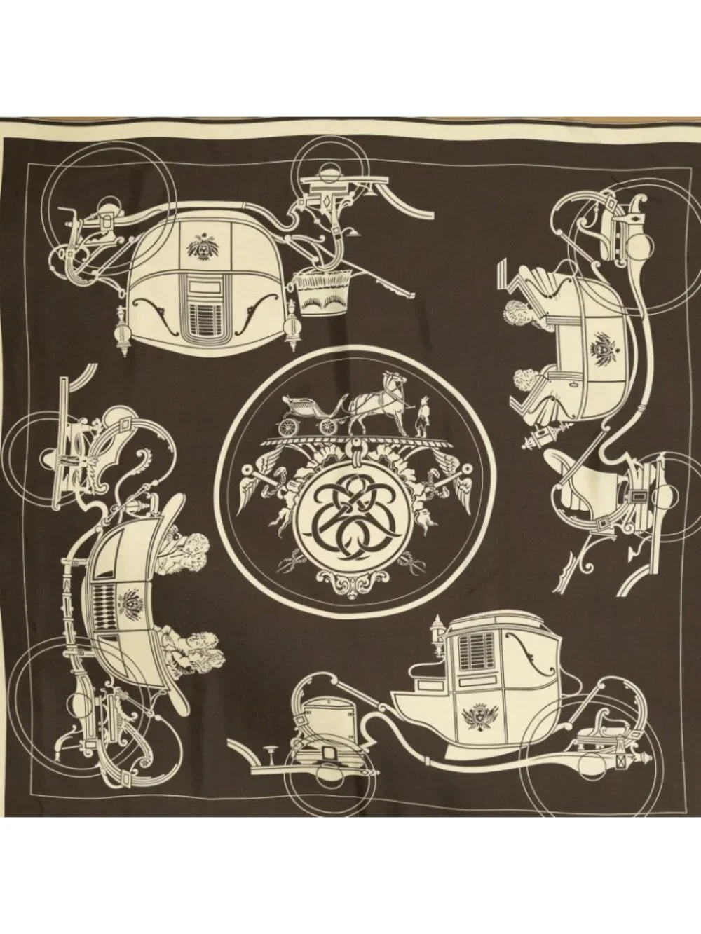 Hermes Scarf Dark Brown Tan Ivory 100% Twill Silk